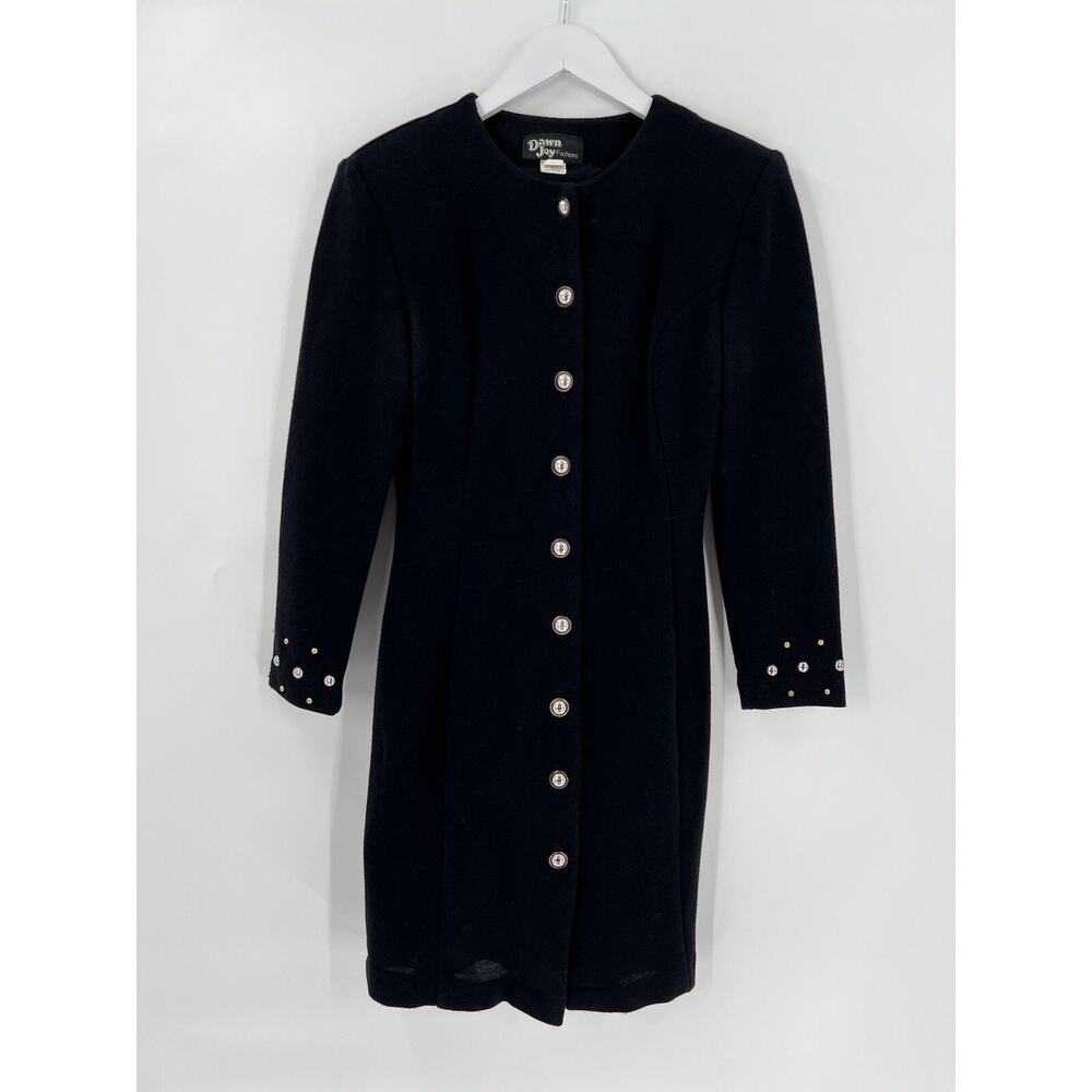 Vintage Dawn Joy Sheath Dress Womens 7/8 Black Knit Button Front Beaded/Studded
